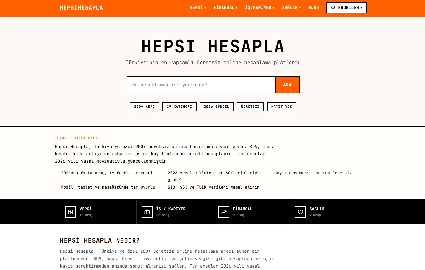 HepsiHesapla — 149+ حاسبة + تصميم نيو-بروتاليست — لقطة هيرو