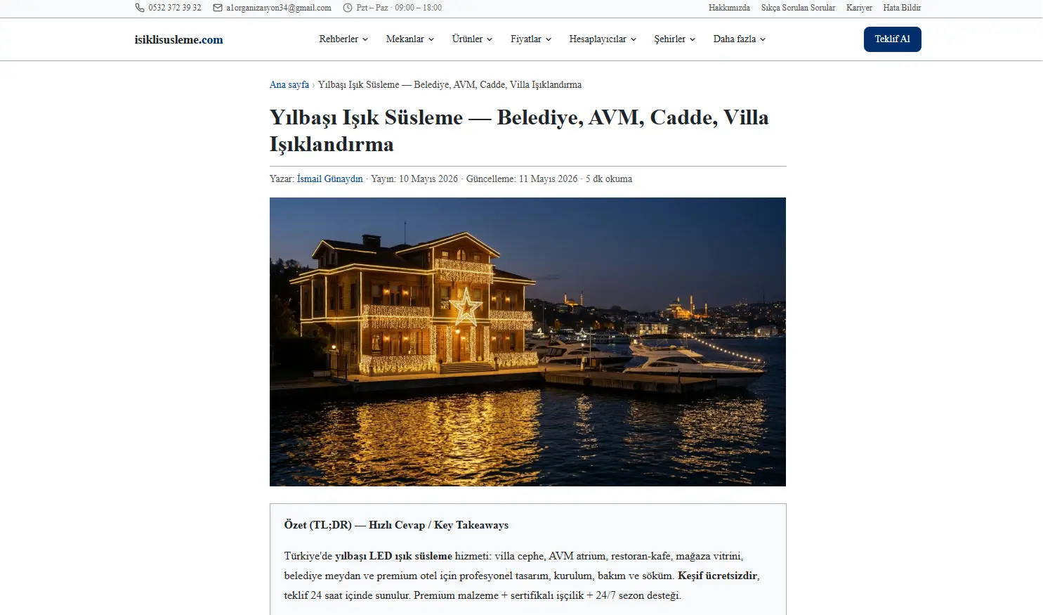 Işıklı Süsleme — تزيين LED معتمد من TSE + إضاءة المباني التاريخية المعتمدة من الأوقاف — لقطة هيرو