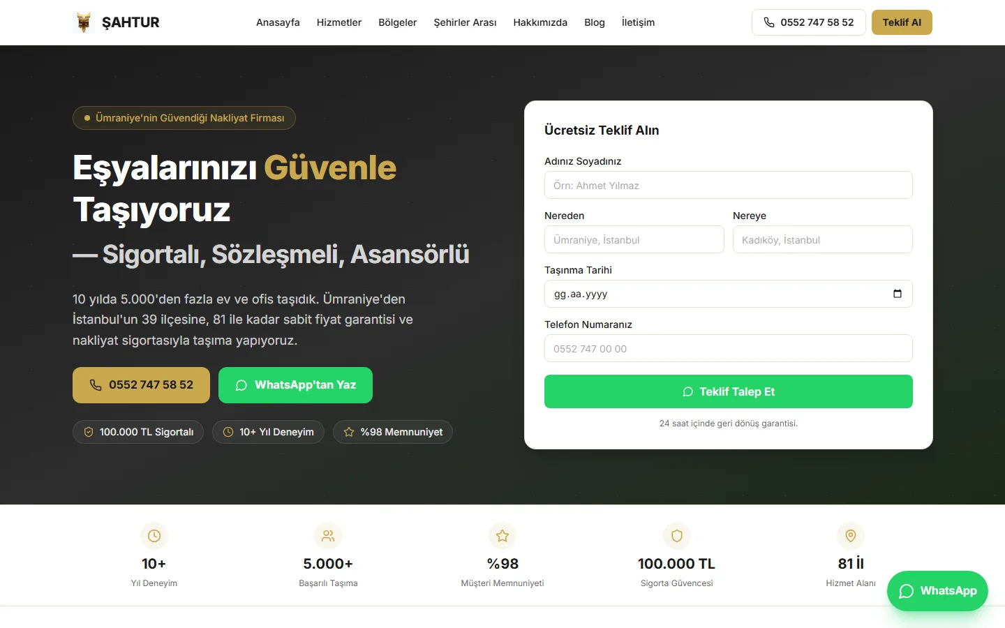 Şahtur Nakliye — Istanbul + 20-City Home Moving Logistics Portal — hero screenshot