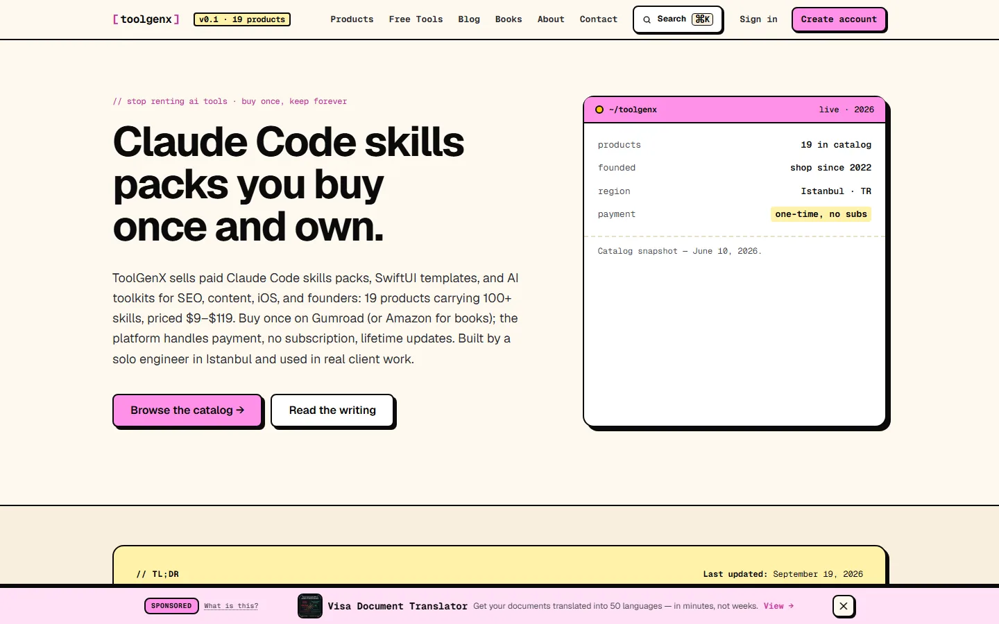 ToolGenX — Claude Code Skills Packs Sold Once, Owned Forever — hero screenshot