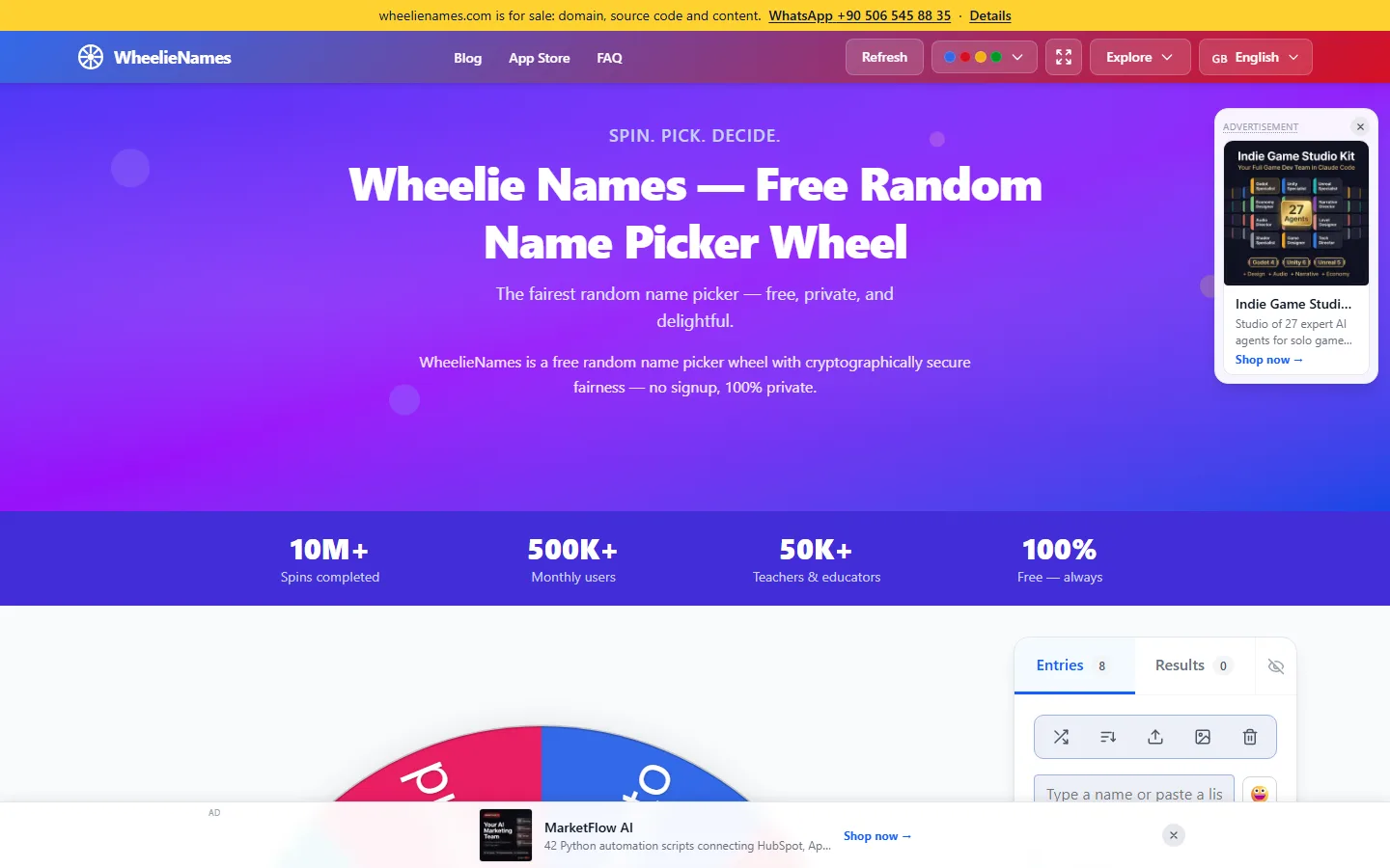 Wheelie Names — Generador AI de nombres de marca y juegos — captura hero