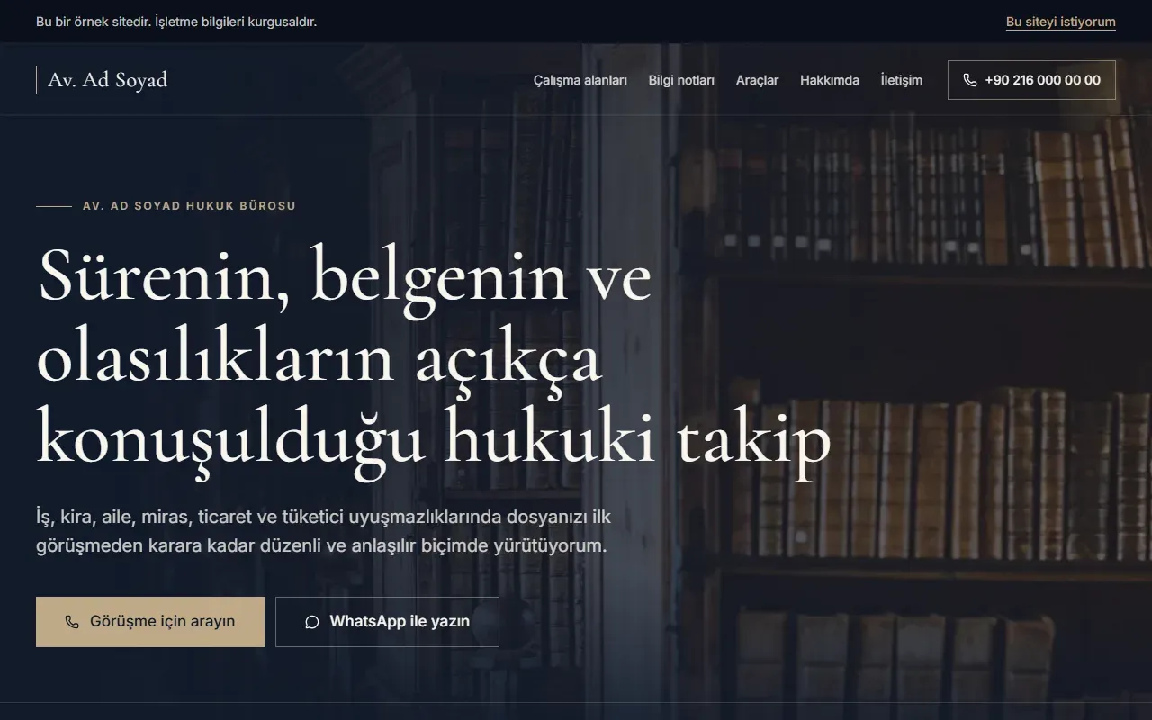 Avukat web sitesi ana sayfası: büro adı, çalışma alanları özeti, arama ve WhatsApp butonları
