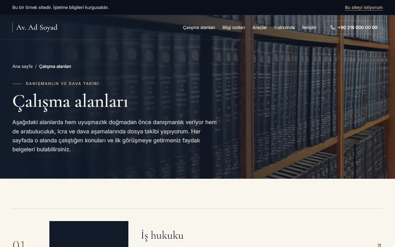 Avukat web sitesinin çalışma alanları sayfası: iş hukuku ile başlayan numaralı alan listesi