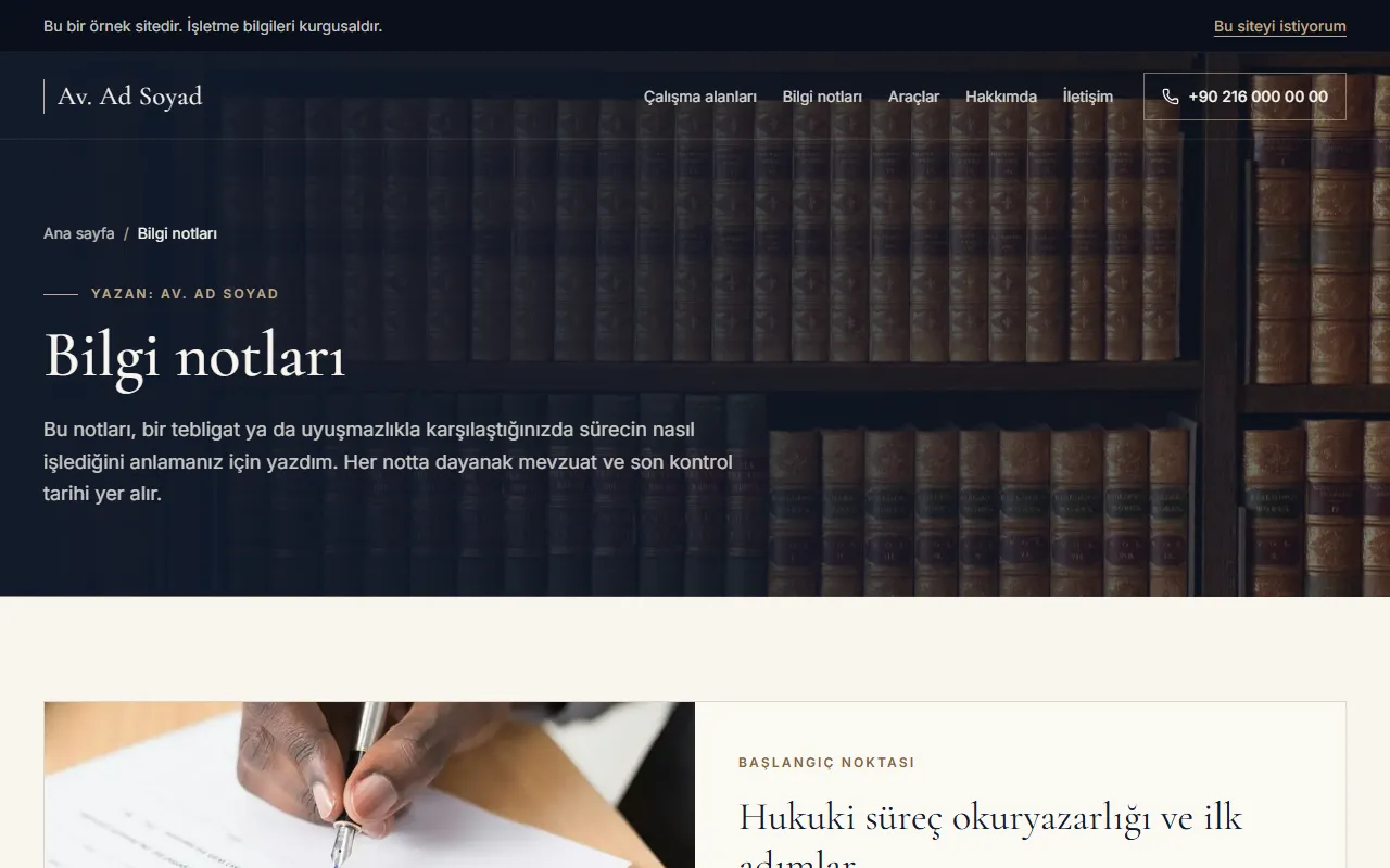 Avukat web sitesinin bilgi notları sayfası: yazar adı, dayanak mevzuat ve son kontrol tarihi vurgusu