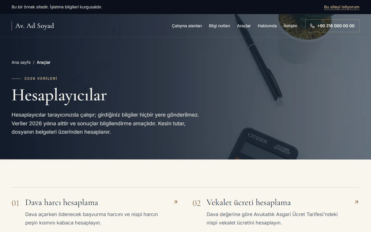 Avukat web sitesinin hesaplayıcılar sayfası: dava harcı ve vekalet ücreti hesaplama kartları