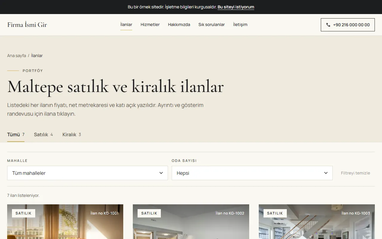 Emlak web sitesinin ilanlar sayfası: Tümü 7, Satılık 4, Kiralık 3 sekmeleri, mahalle ve oda filtresi, ilan numaralı kartlar