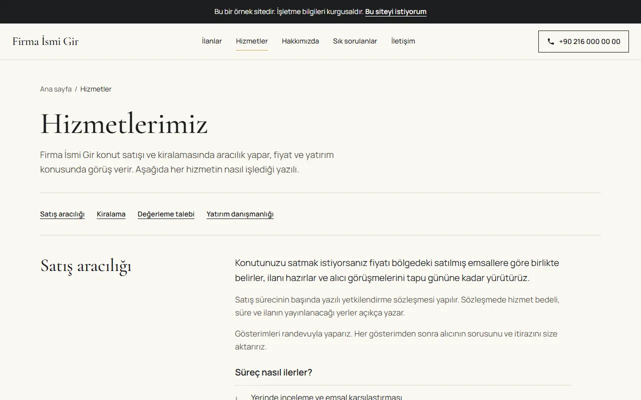 Emlak web sitesinin hizmetler sayfası: satış aracılığı, kiralama, değerleme talebi ve yatırım danışmanlığı başlıkları