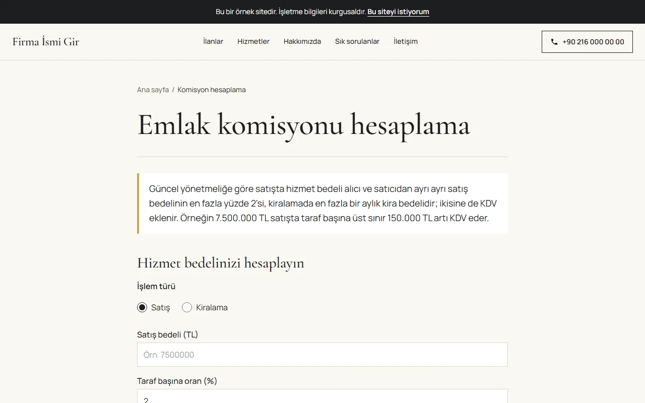 Emlak komisyonu hesaplama sayfası: yönetmelikteki üst sınır notu, satış ve kiralama seçimi, satış bedeli ve oran alanları