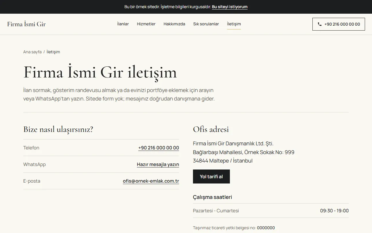 Emlak web sitesinin iletişim sayfası: telefon, WhatsApp, e-posta, Maltepe ofis adresi, çalışma saatleri ve yetki belgesi numarası