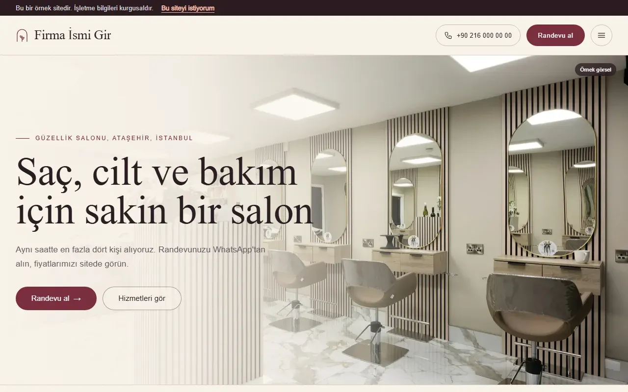 Güzellik salonu sitesinin ilk ekranı: Ataşehir etiketi, saç ve cilt bakımı başlığı, telefon numarası ve bordo Randevu al düğmesi