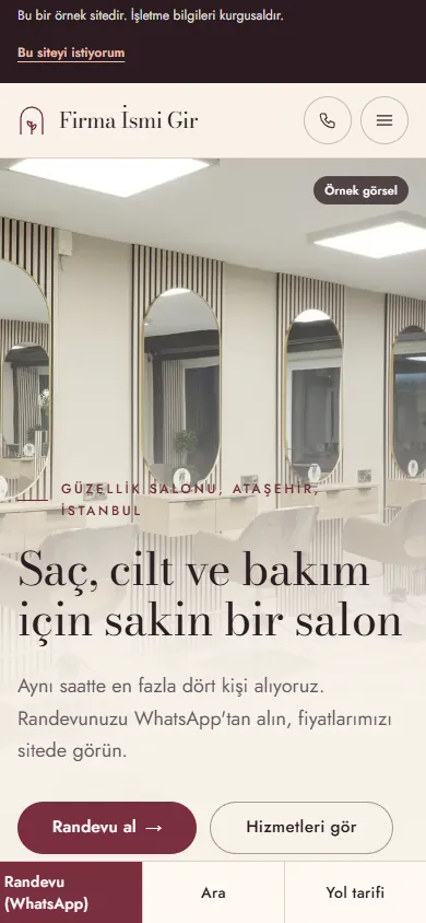 Hazır güzellik salonu web sitesinin telefondaki görünümü
