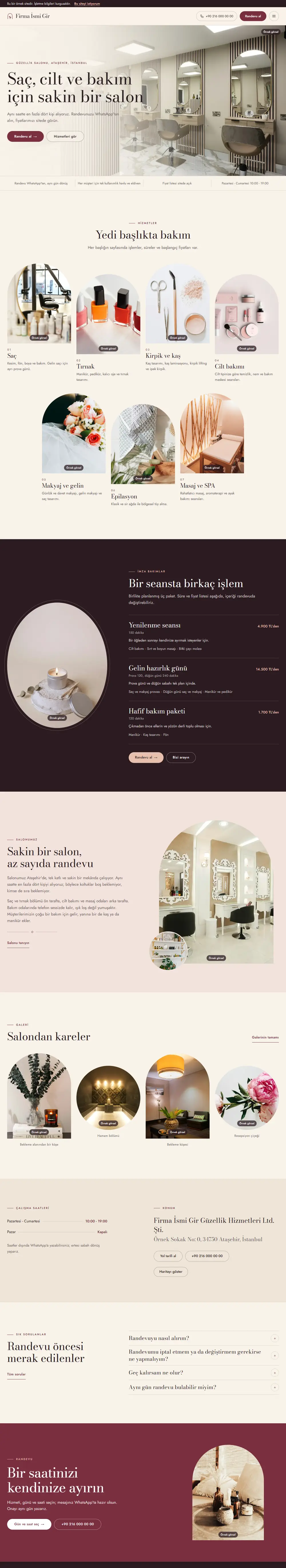 Hazır güzellik salonu web sitesinin tam sayfa görüntüsü: 7 hizmet sayfası, fiyat listesi ve 4 adımlı WhatsApp randevu aracı olan salon sitesi.
