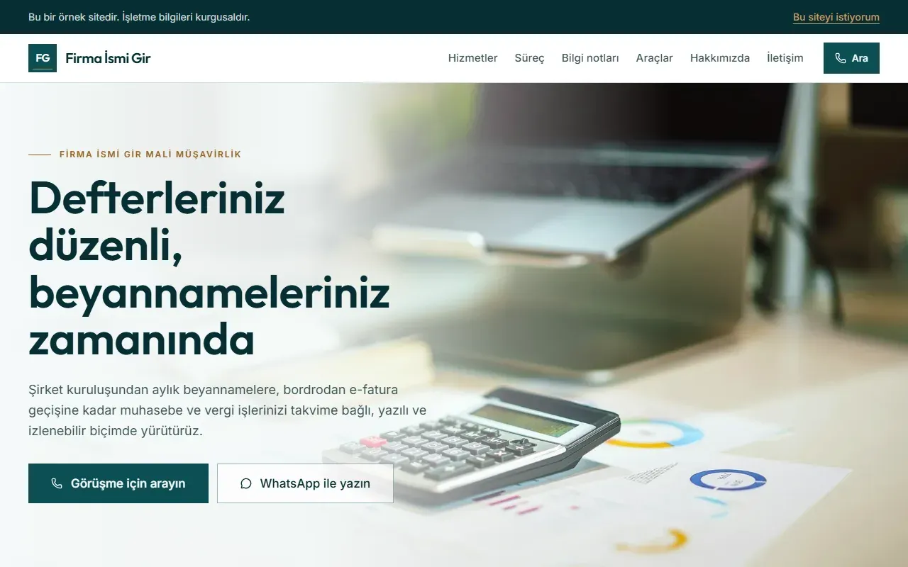 Mali müşavir sitesinin ana sayfası: büro adı, Hizmetler, Süreç, Bilgi notları ve Araçlar menüsü, arama ve WhatsApp butonları
