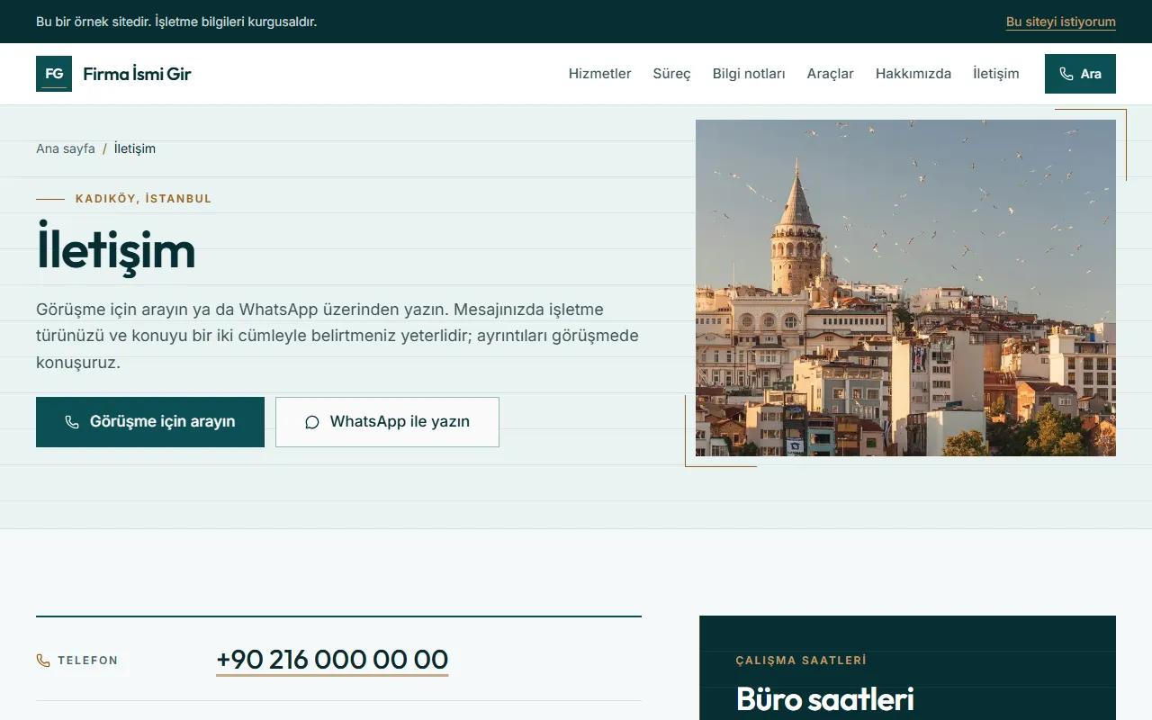 Mali müşavir sitesinin iletişim sayfası: Kadıköy, İstanbul konumu, telefon ve WhatsApp butonları, büro saatleri kutusu