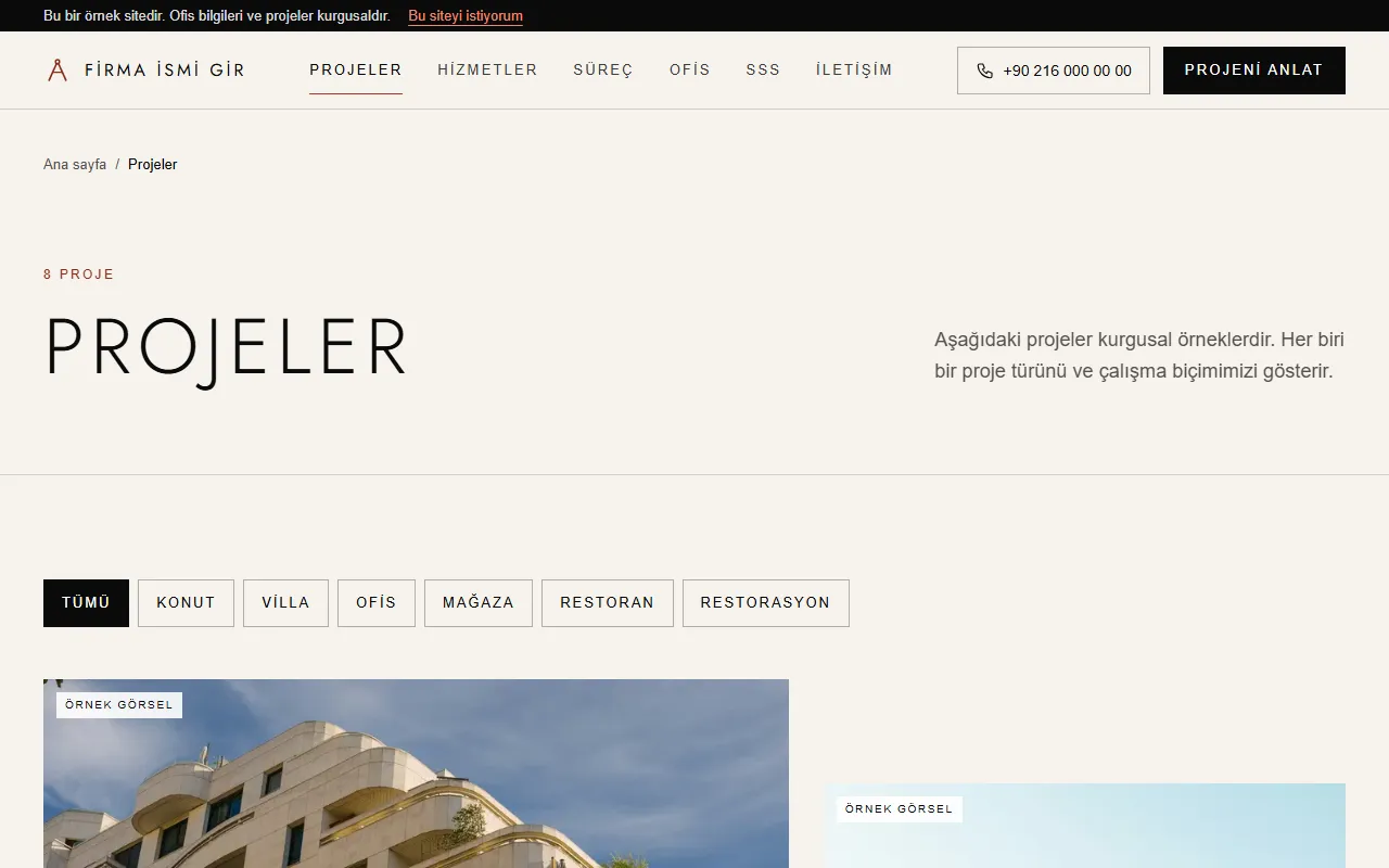 Mimar web sitesinin projeler sayfası: 8 proje başlığı ve konut, villa, ofis, mağaza, restoran, restorasyon süzgeçleri