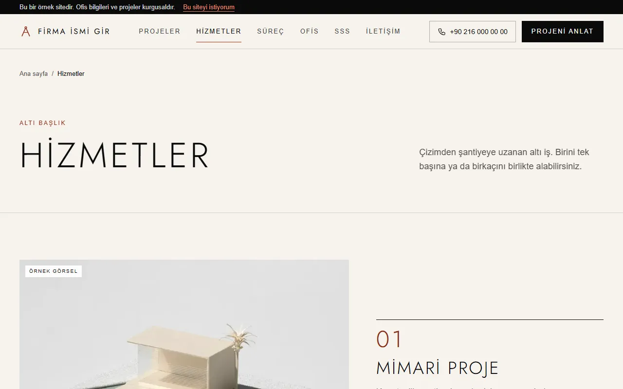 Mimar web sitesinin hizmetler sayfası: maket fotoğrafı yanında 01 numaralı mimari proje hizmeti