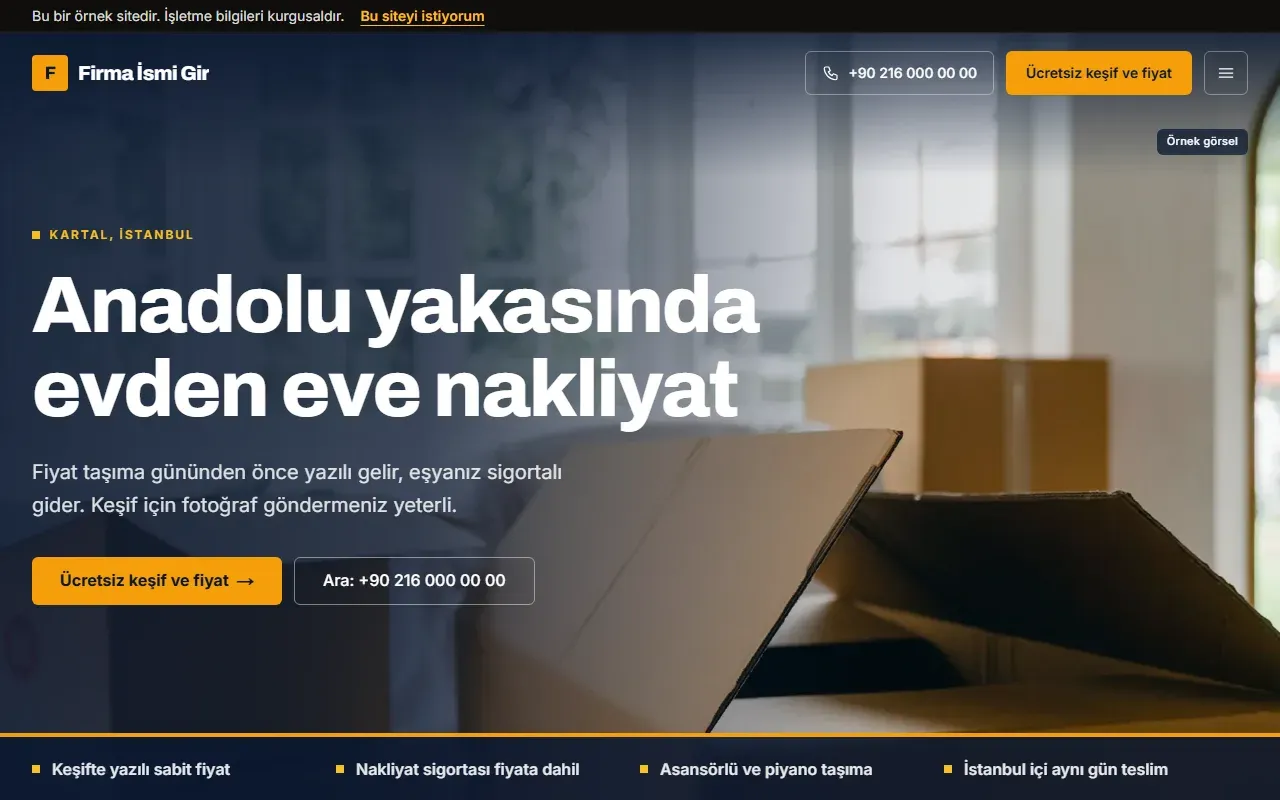 Nakliyat web sitesi ilk ekranı: Kartal, İstanbul etiketi, ücretsiz keşif ve arama butonları, altta yazılı sabit fiyat ve sigorta vurguları