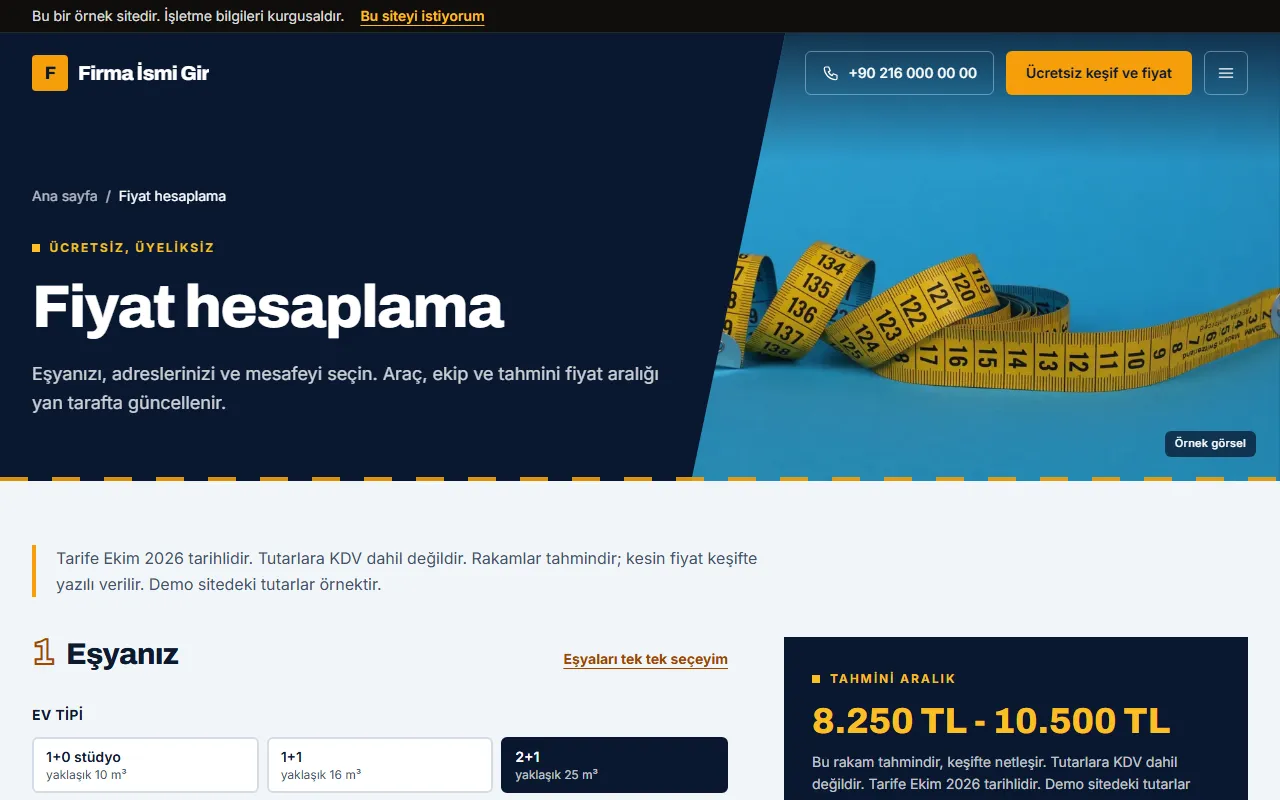 Nakliyat web sitesinin fiyat hesaplama sayfası: ev tipi seçimi, metrekup ipuçları ve sağda tahmini fiyat aralığı kutusu