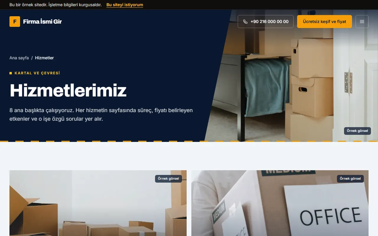 Nakliyat web sitesinin hizmetler sayfası: 8 ana başlık açıklaması ve koli fotoğraflı hizmet kartları