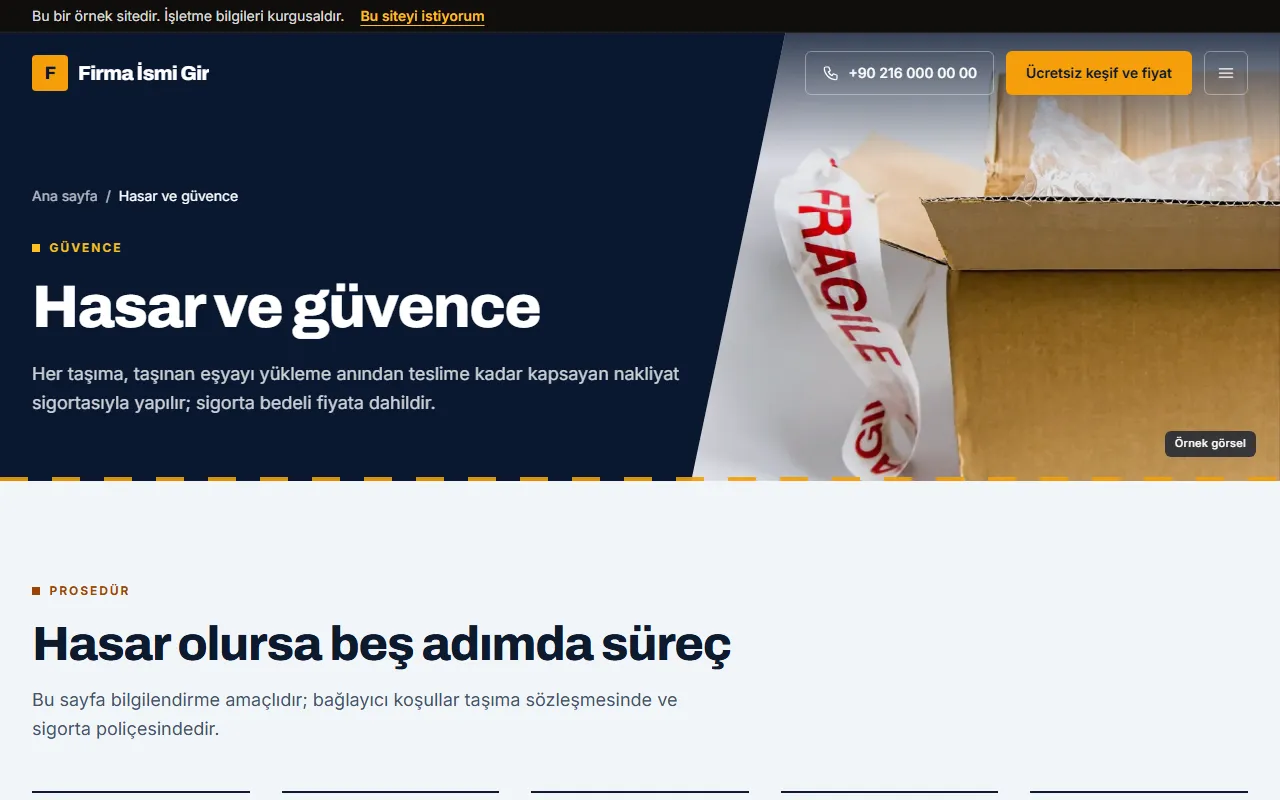 Nakliyat web sitesinin hasar ve güvence sayfası: kırılgan bantlı koli fotoğrafı ve hasar olursa beş adımda süreç başlığı