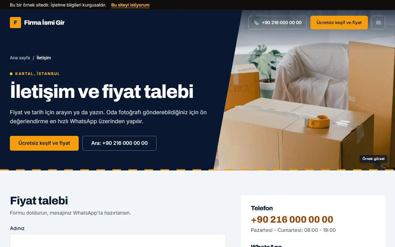 Nakliyat web sitesinin iletişim sayfası: WhatsApp'a mesaj hazırlayan fiyat talebi formu, telefon ve çalışma saatleri