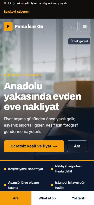 Hazır nakliyat firması web sitesinin telefondaki görünümü