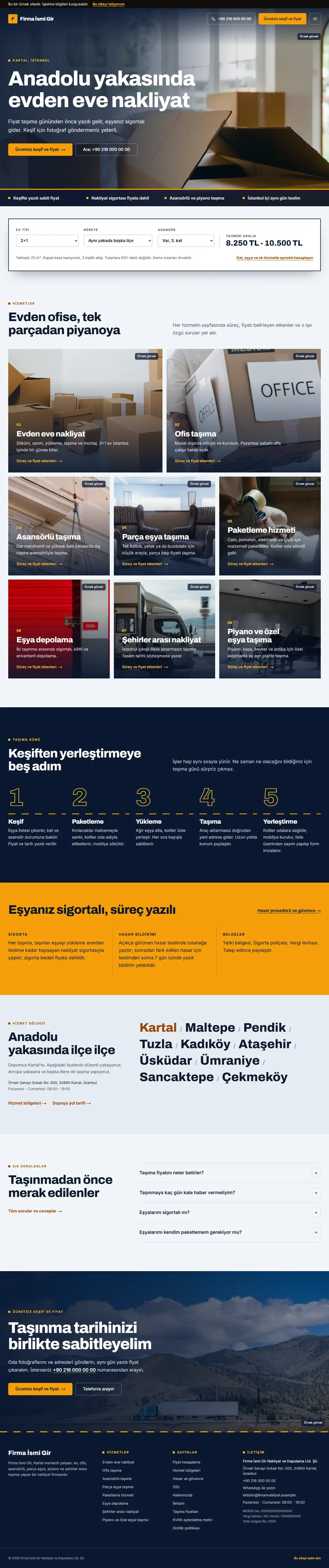 Hazır nakliyat firması web sitesinin tam sayfa görüntüsü: 4 adımlı fiyat hesaplayıcı, 8 hizmet sayfası ve hasar süreci anlatan sigorta sayfası olan nakliyat sitesi.