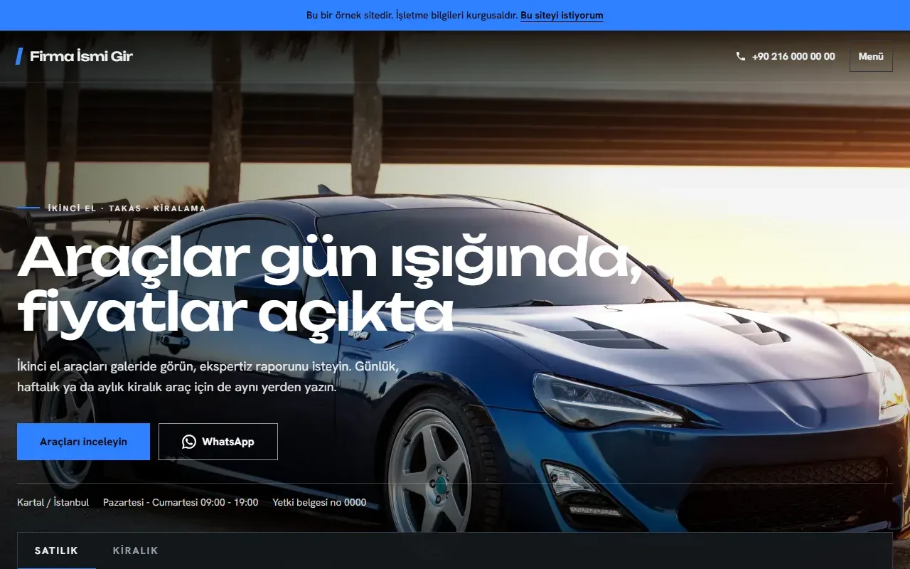 Oto galeri web sitesi ana sayfası: Araçları inceleyin ve WhatsApp butonları, Kartal konumu, çalışma saati, yetki belgesi no ve satılık-kiralık arama sekmeleri