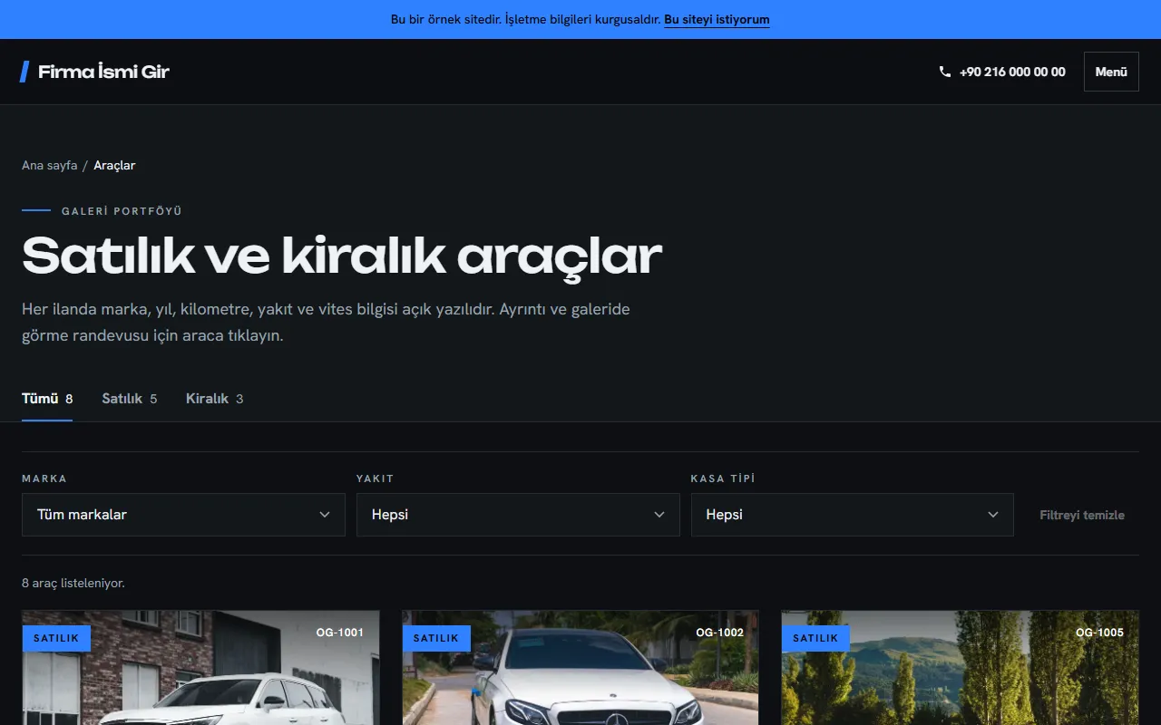 Oto galeri web sitesinin araçlar sayfası: Tümü 8, Satılık 5, Kiralık 3 sekmeleri, marka, yakıt ve kasa tipi filtreleri ve ilan numaralı araç kartları