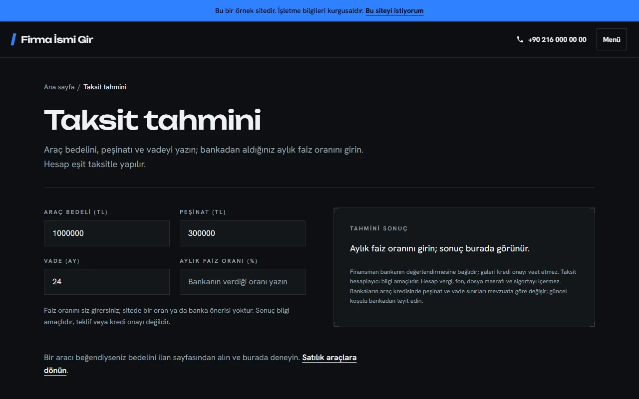 Oto galeri web sitesinin taksit tahmini sayfası: araç bedeli, peşinat, vade ve aylık faiz oranı alanları ile tahmini sonuç kutusu