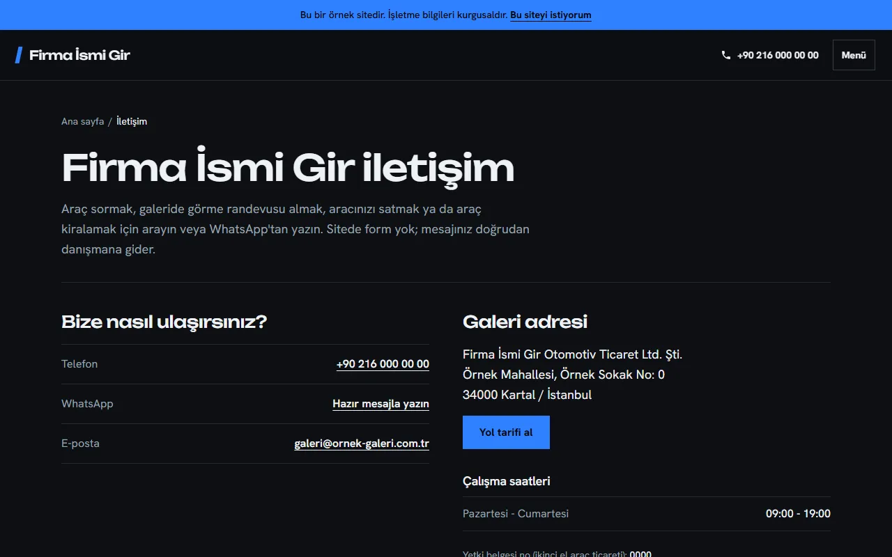 Oto galeri web sitesinin iletişim sayfası: telefon, WhatsApp, e-posta, Kartal galeri adresi, yol tarifi butonu ve çalışma saatleri