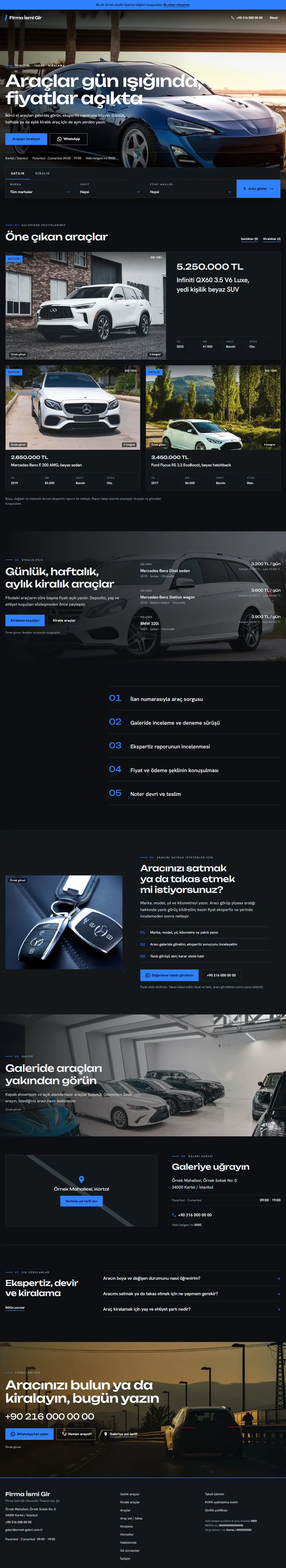 Hazır oto galeri web sitesinin tam sayfa görüntüsü: Satılık ve kiralık araç ilanları, filtreli liste, takas sayfası ve taksit tahmini olan galeri sitesi.