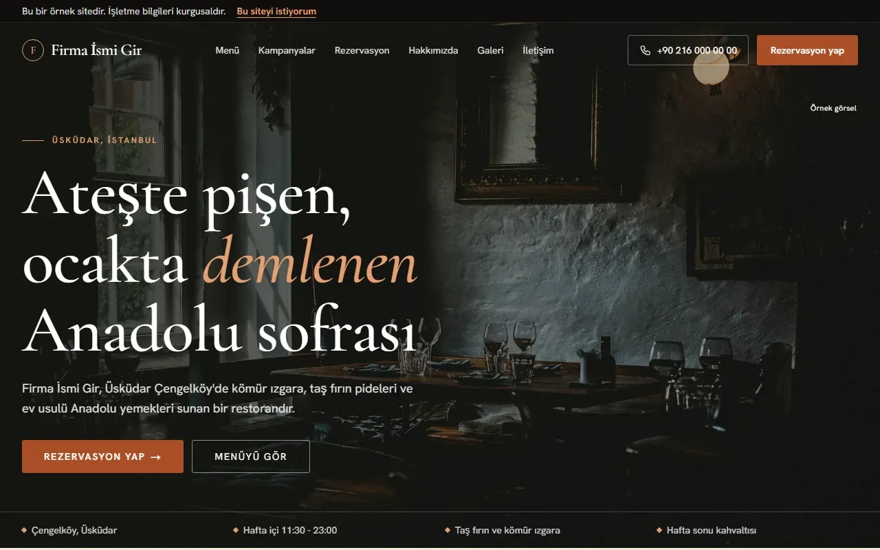 Restoran web sitesinin ilk ekranı: Üsküdar konumu, Rezervasyon yap ve Menüyü gör düğmeleri, altta çalışma saati ve kahvaltı şeridi