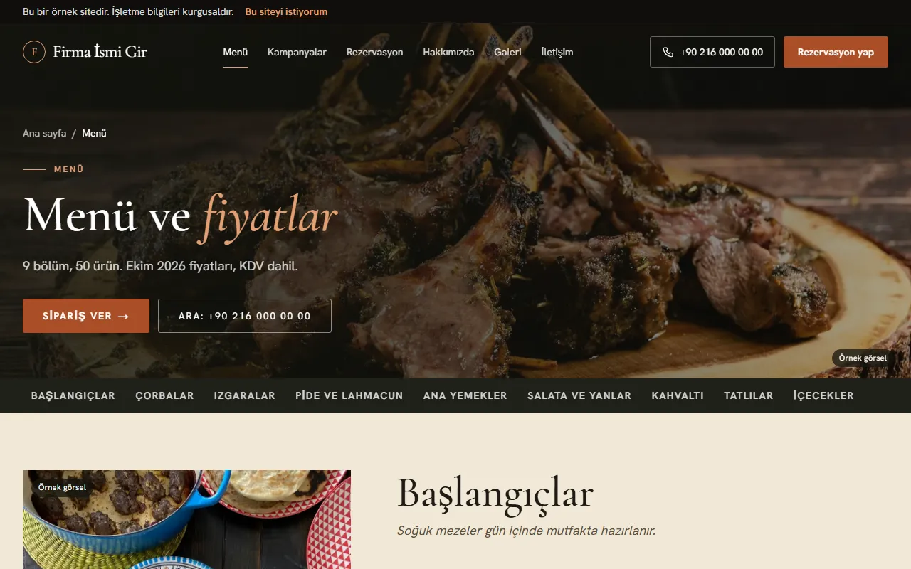 Restoran web sitesinin menü sayfası: kuzu pirzola görseli, 9 bölüm ve 50 ürün bilgisi, Sipariş ver düğmesi ve bölüm sekmeleri