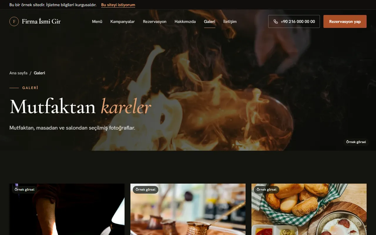 Restoran web sitesinin galeri sayfası: alevli tava başlık görseli altında cezve ve kahvaltı fotoğrafları