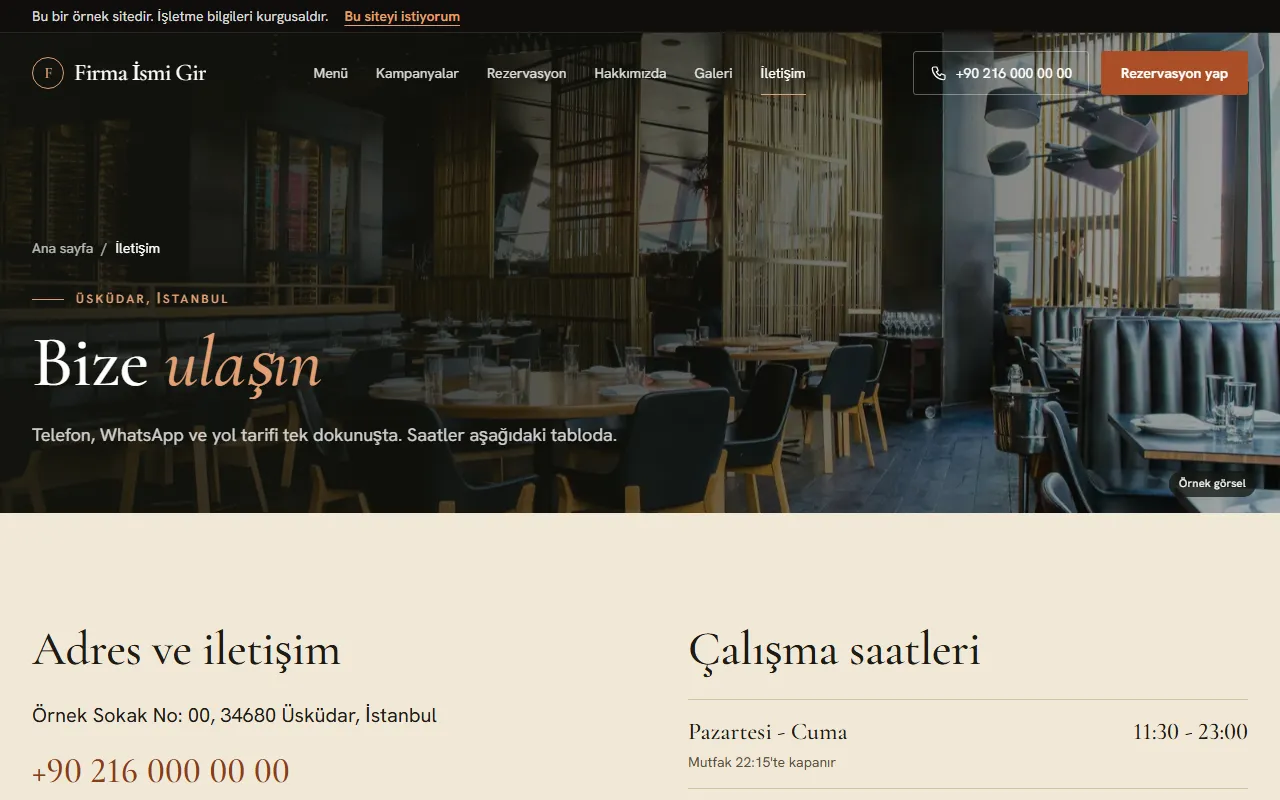 Restoran web sitesinin iletişim sayfası: salon fotoğrafı, Üsküdar adresi, telefon numarası ve çalışma saatleri tablosu