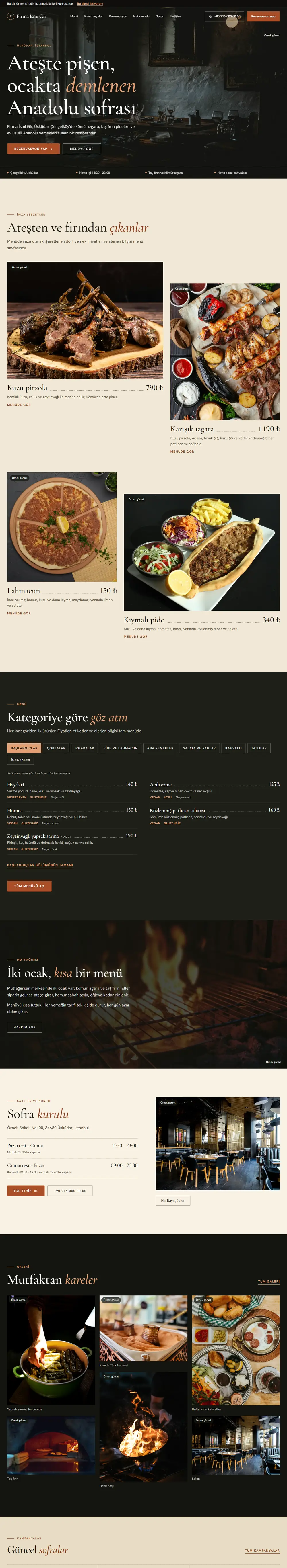Hazır restoran web sitesinin tam sayfa görüntüsü: 50 ürünlük fiyatlı menü, kampanya sayfası ve WhatsApp'tan masa ayırtma olan restoran ve kafe sitesi.