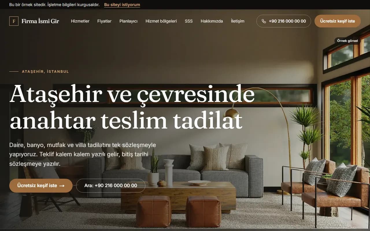 Tadilat web sitesi ana sayfası: Ataşehir konumu, ücretsiz keşif iste ve telefonla arama butonları, üst menüde planlayıcı bağlantısı