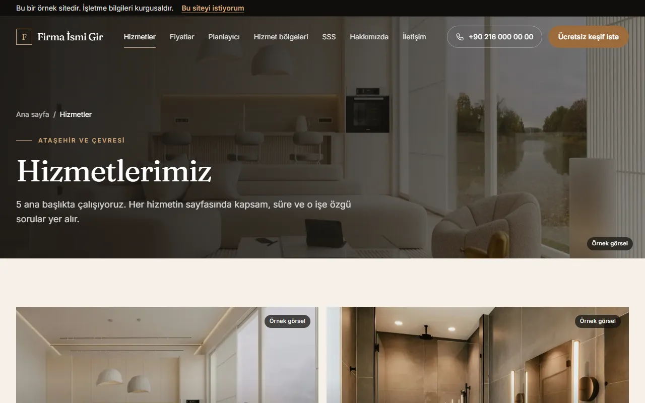 Tadilat web sitesinin hizmetler sayfası: 5 ana başlık açıklaması, altında banyo ve iç mekan fotoğraflı hizmet kartları