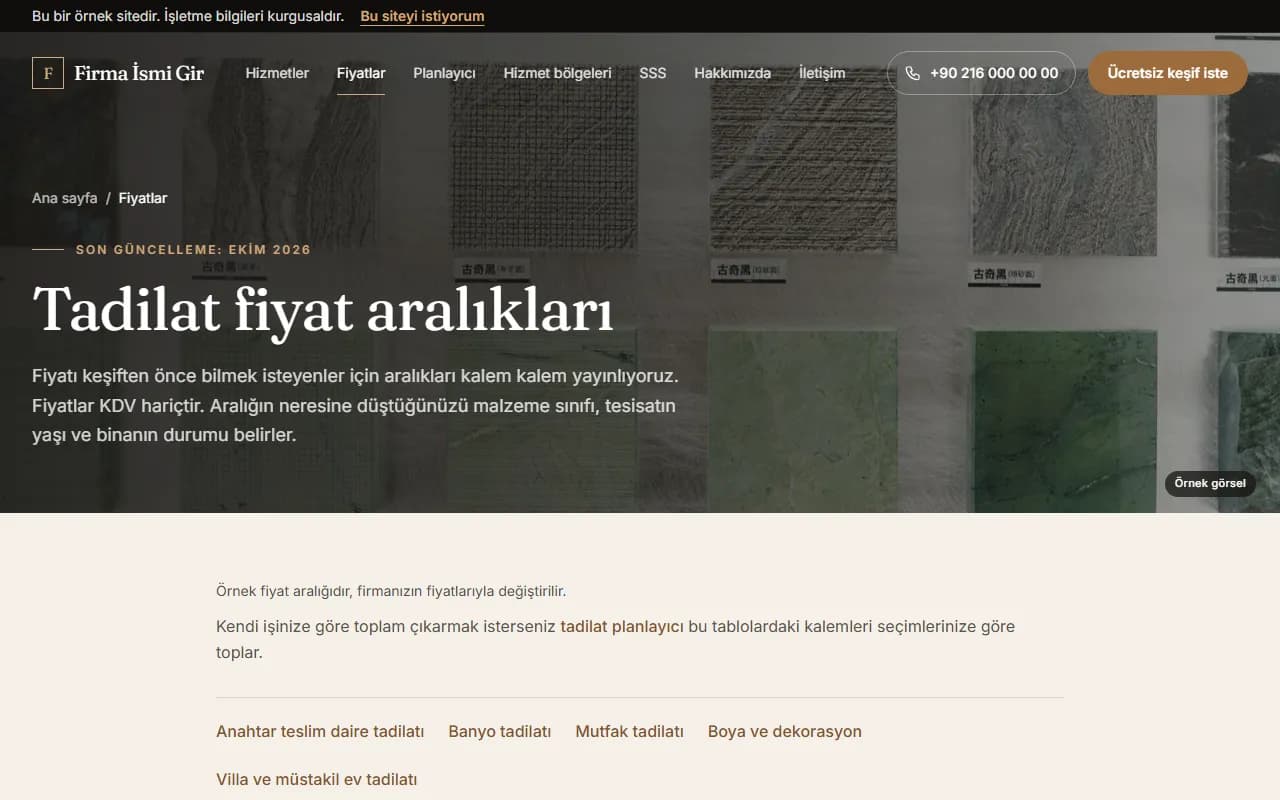 Tadilat web sitesinin fiyat aralıkları sayfası: son güncelleme tarihi, KDV notu ve anahtar teslim, banyo, mutfak, boya, villa tablo bağlantıları