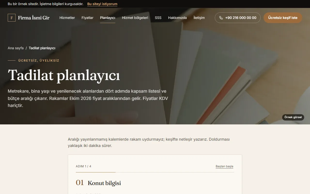 Tadilat web sitesinin planlayıcı sayfası: dört adımlı formun ilk adımı olan konut bilgisi ekranı