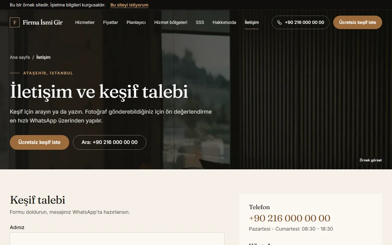 Tadilat web sitesinin iletişim sayfası: WhatsApp'a giden keşif talebi formu, telefon numarası ve çalışma saatleri
