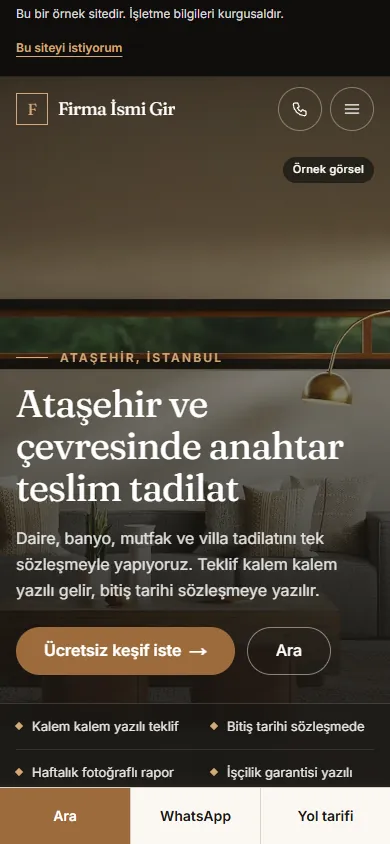 Hazır tadilat firması web sitesinin telefondaki görünümü