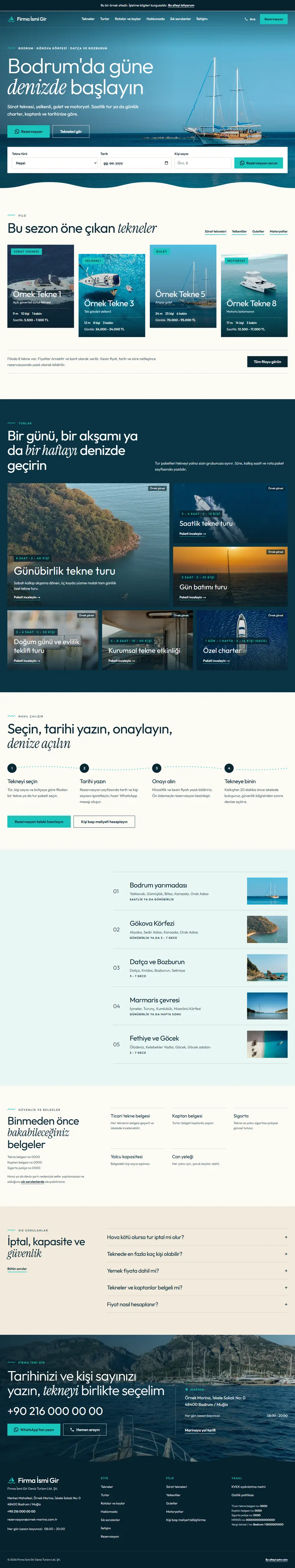 Hazır tekne kiralama web sitesinin tam sayfa görüntüsü: 8 tekne sayfası, 6 tur paketi, filo karşılaştırma tablosu ve WhatsApp rezervasyon akışı olan tekne kiralama sitesi.