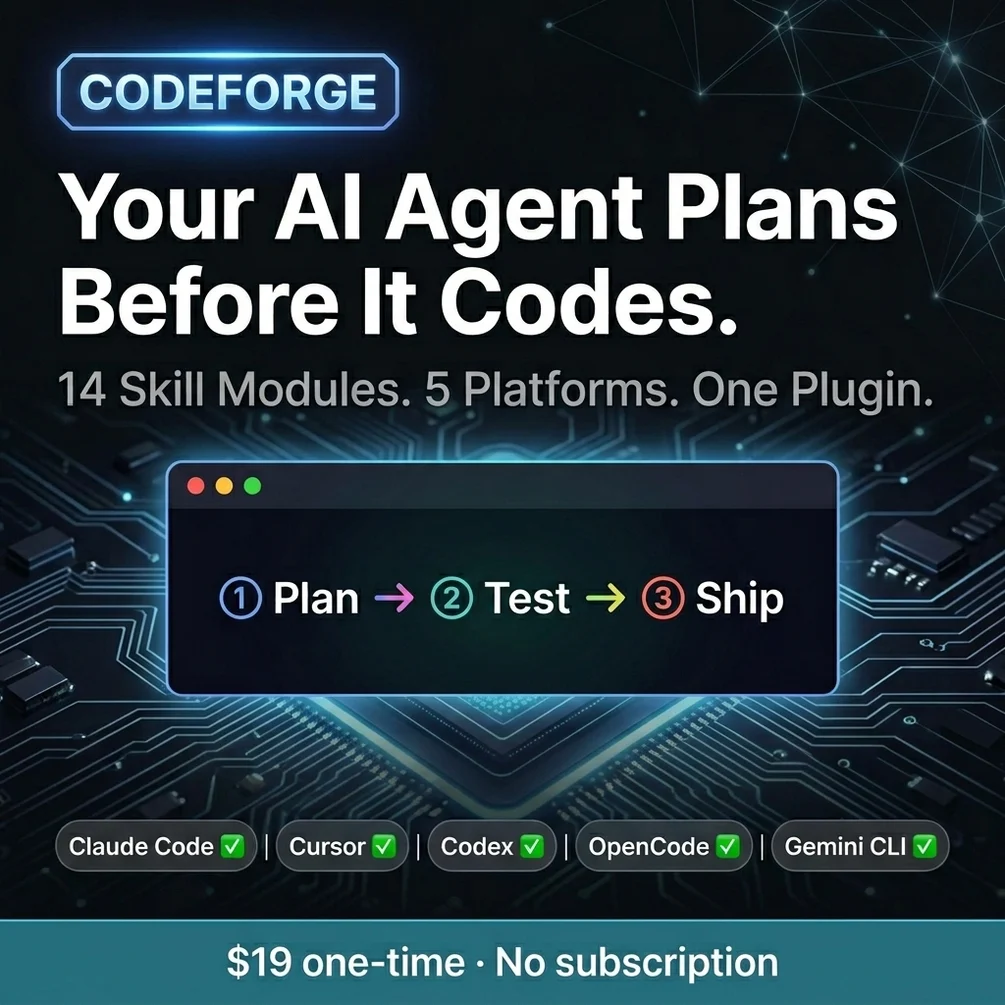 CodeForge AI coding agent workflow plugin 14 skill modules overview